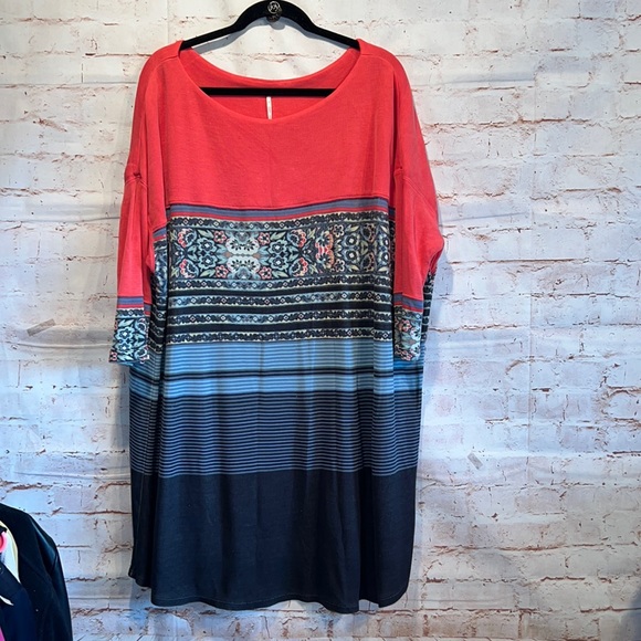 Free people stepping out dress tunic top 3/4 raglan sleeves large striped pink - Picture 2 of 11